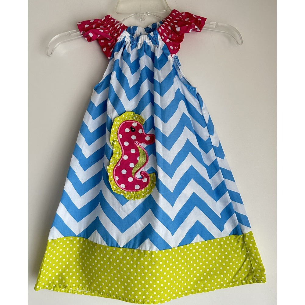 Seahorse Boutique Blue Green Pink Chevron Seahorse Dress Girls Size Small‎